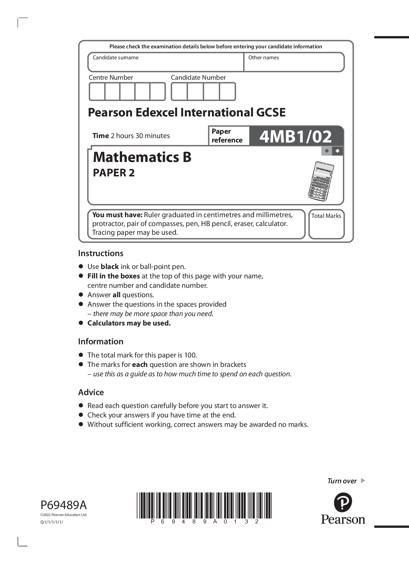 Preview image for 2022 pearson june booklet + mark scheme  Edexcel International GCSE 4MB1/02 Mathematics B PAPER 2